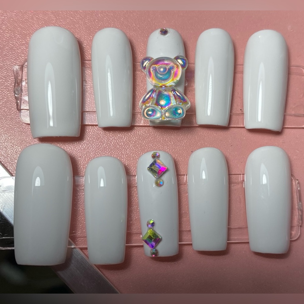 Hand Crafted Medium Square White with Bear Love Galore Press On Nails